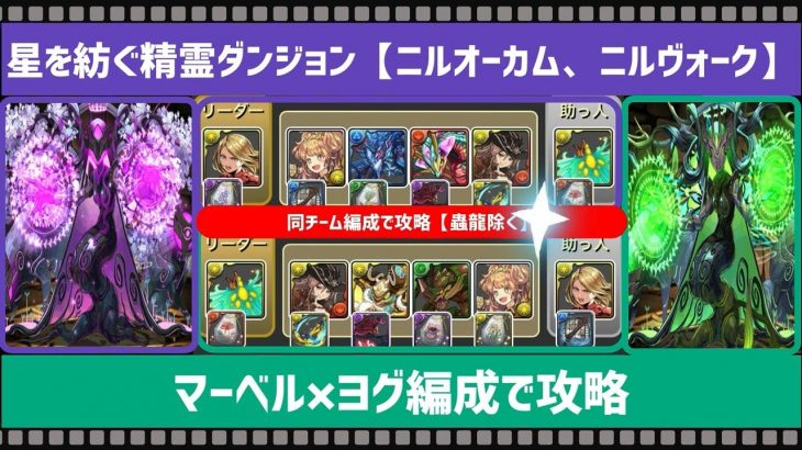 【パズドラ】星を紡ぐ精霊ダンジョン(ニルオーカム、ニルヴォーク)マーベル×ヨグ編成で攻略(ゼウス不使用、同チーム編成、テュオレ、豪鬼、神原武器、フェルル武器)