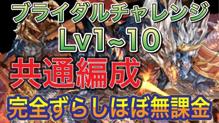 【ほぼ無課金＆共通編成】ブライダルチャレンジLv1~10を完全ずらしのほぼ無課金シヴァドラ編成で簡単攻略！？アシストも超簡単になってるので組みやすい編成になってます！魔法石×11や素材回収【パズドラ】