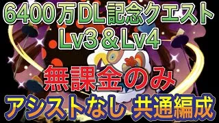 【無課金のみ アシストなし 共通編成】6400万DL記念クエストダンジョンLv3＆Lv4を完全ずらしお菓子の魔女共通編成で簡単攻略！無課金のみの編成難易度低め！891不要！7月クエスト【パズドラ】