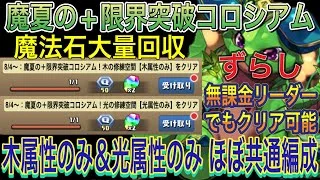 【無課金リーダー ほぼ共通編成】魔夏の+限界突破コロシアムの木属性のみ＆光属性のみをずらしほぼ共通編成で簡単攻略！編成難易度低めの無課金リーダー！891不要！夏休みクエスト！8月クエスト【パズドラ】